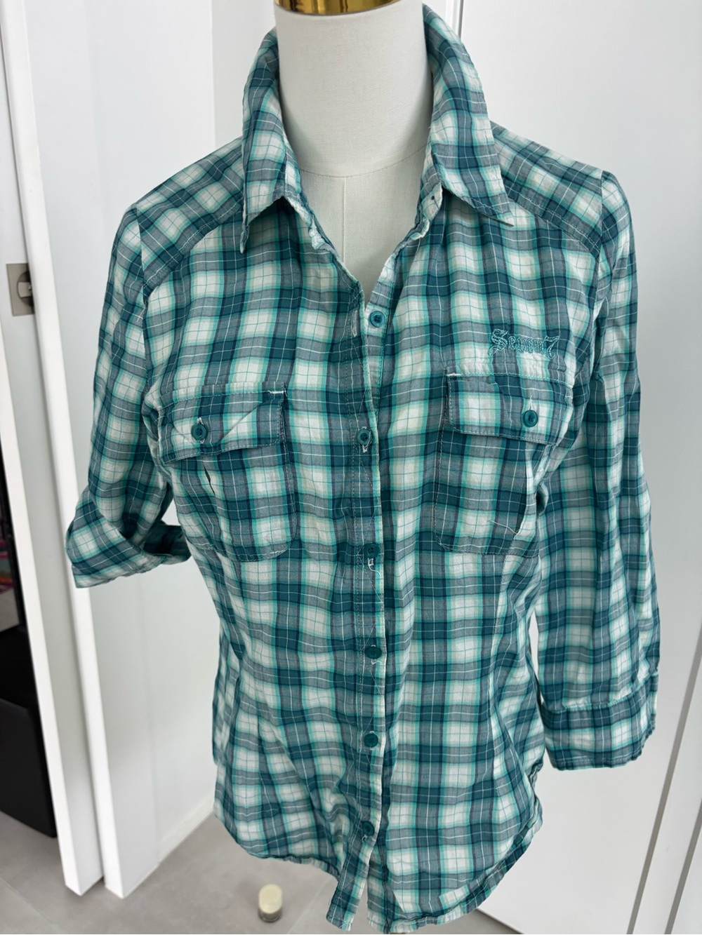 Seven 7 Teal Plaid Button-Up Women’s Shirt